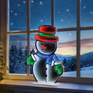 Snowman decoration on a windowsill with a snowy landscape outside