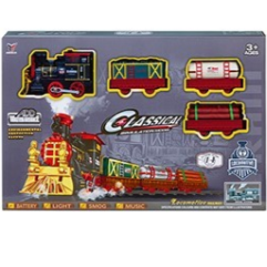 Image of steam train box decorated with engines and goods carriages.