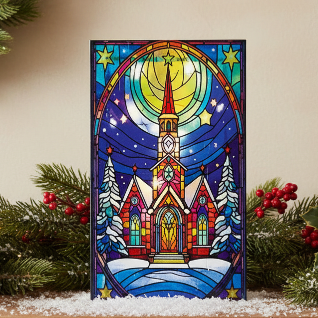 Stained glass-style church scene with a starry night sky on a card