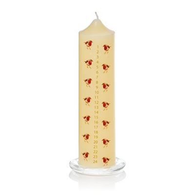 Cream Advent Candle with Robin Pattern and Glass Holder