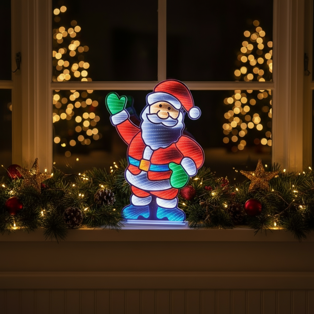 Decorative light-up Santa Claus figure on a window sill with festive decorations and blurred lights in the background.