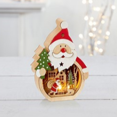 Wooden Santa with Lit Window Scene