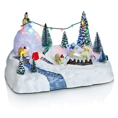 Christmas-themed decorative scene with snowmen, trees, and a glowing snow globe on a white background.