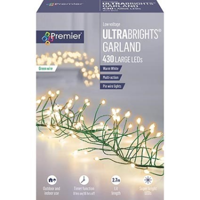 Premier Ultrabright 2.7m Christmas Garland Pin Wire with 430 Large Warm White LEDs