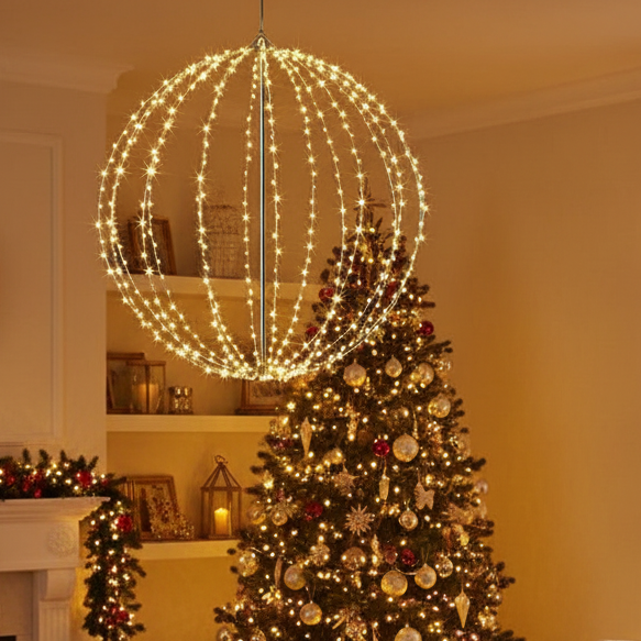 A spherical LED light with a black metal frame and multiple warm white LED lights, floating in space against a dark background.