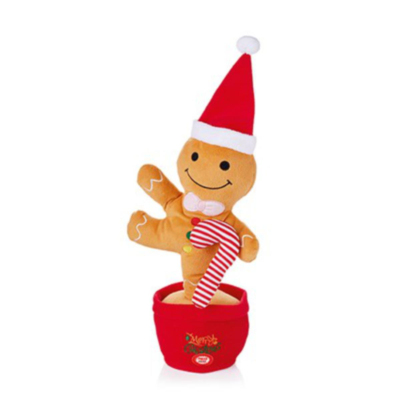 Gingerbread man plush toy with a red hat and candy cane on a white background