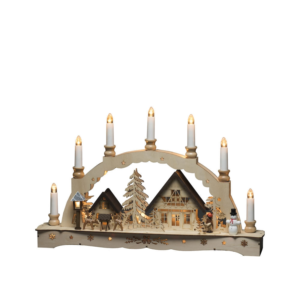 Wooden Candle Bridge with Lit Silhouette Christmas Village Scene