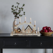 Load image into Gallery viewer, Wooden Candle Bridge with Lit Silhouette Christmas Village Scene
