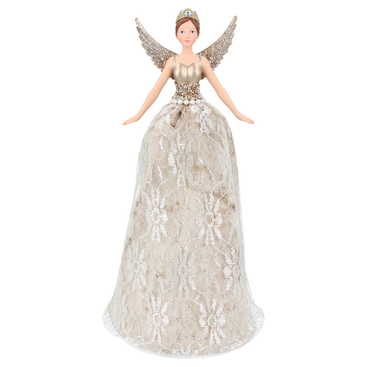 A gold lace fairy tree topper for Christmas trees, with intricate lace detailing and a crown.
