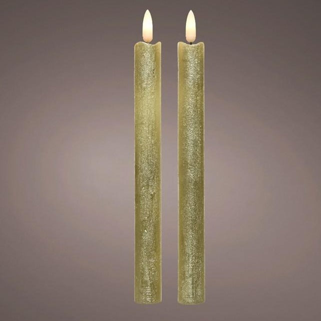 Picture image of two rustic gold dinner candles with warm white LED wicks.