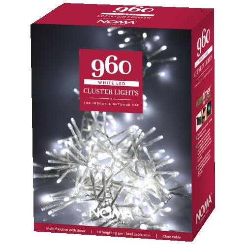 Noma 960 White Christmas Cluster Lights Clear Cable