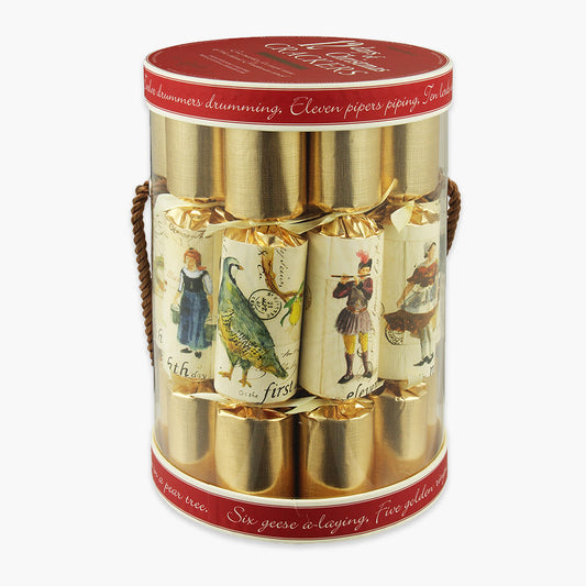 A set of 12 gold-colored Christmas crackers with various festive designs, bound together by a red ribbon.