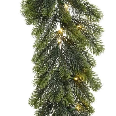 A realistic looking green Christmas garland with warm white LED lights, 270cm in length, depicted against a white background.