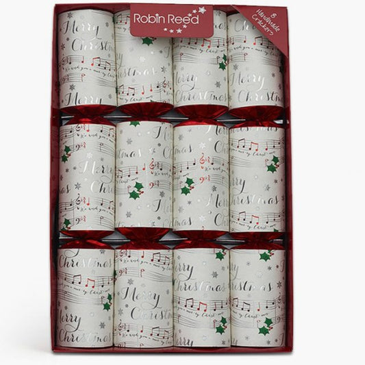 A set of Robin Reed branded musical Christmas crackers, with each cracker displaying a musical chime bar and stick, numbered badge, all presented in a red and white box.