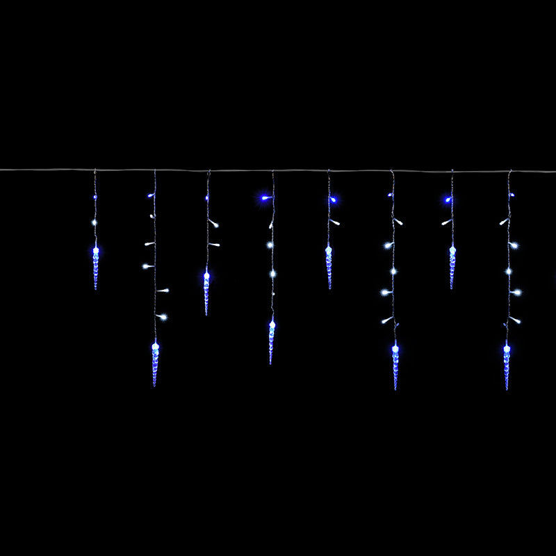 A string of blue and white LED icicle lights against a dark background.