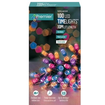 Premier TimeLights 100 Rainbow LED Battery Operated Christmas String Lights