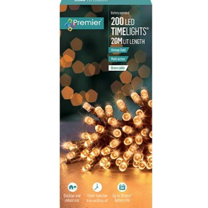 Premier TimeLights 200 Vintage Gold LED Battery Operated Christmas String Lights