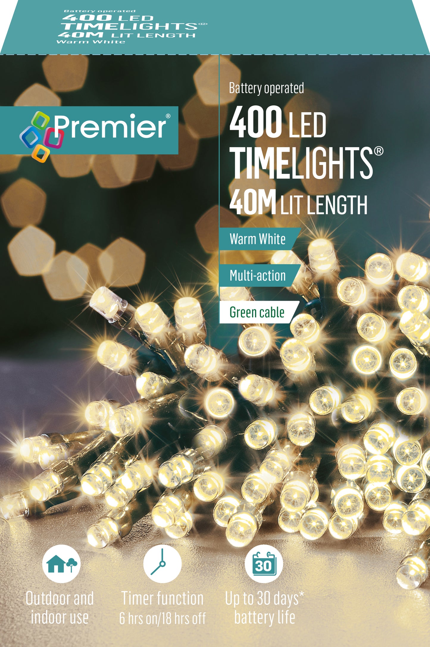 Premier TimeLights 400 Warm White LED Battery Operated Christmas String Lights