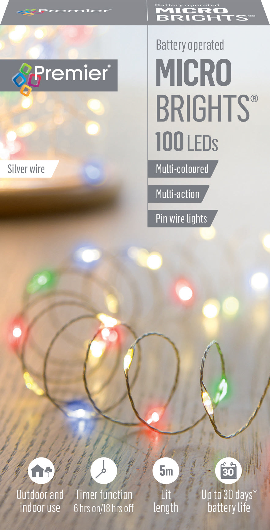 100 Multi Coloured Microbright LED Pin Wire Christmas Lights