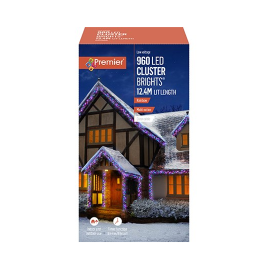 Premier 960 LED Cluster Brights Christmas Lights Rainbow Clear Cable