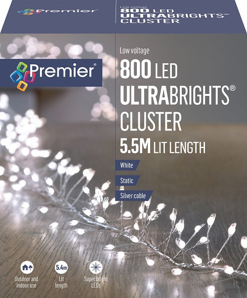 Premier 800 White LED Ultrabright Christmas Cluster Lights