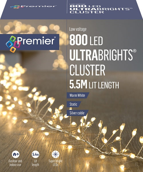 Premier 800 Warm White LED Ultrabright Christmas Cluster Lights