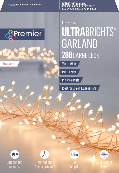Premier Rose Gold Ultrabright 1.8m Christmas Garland Pin Wire with 288 Warm White LED Lights