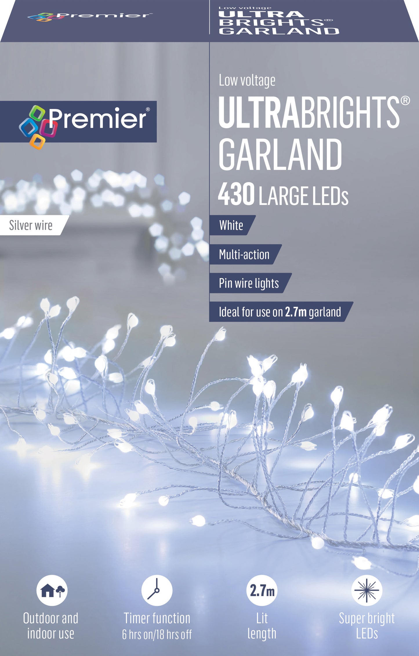 Premier Silver Ultrabright 2.7m Garland Pin Wire with 430 White LED Lights