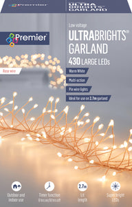 Premier Rose Gold Ultrabright 2.7m Garland Pin Wire with 430 Warm White LED Lights
