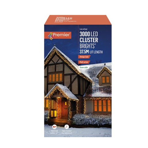 Premier 3000 Cluster Brights LED Christmas Lights Vintage Gold