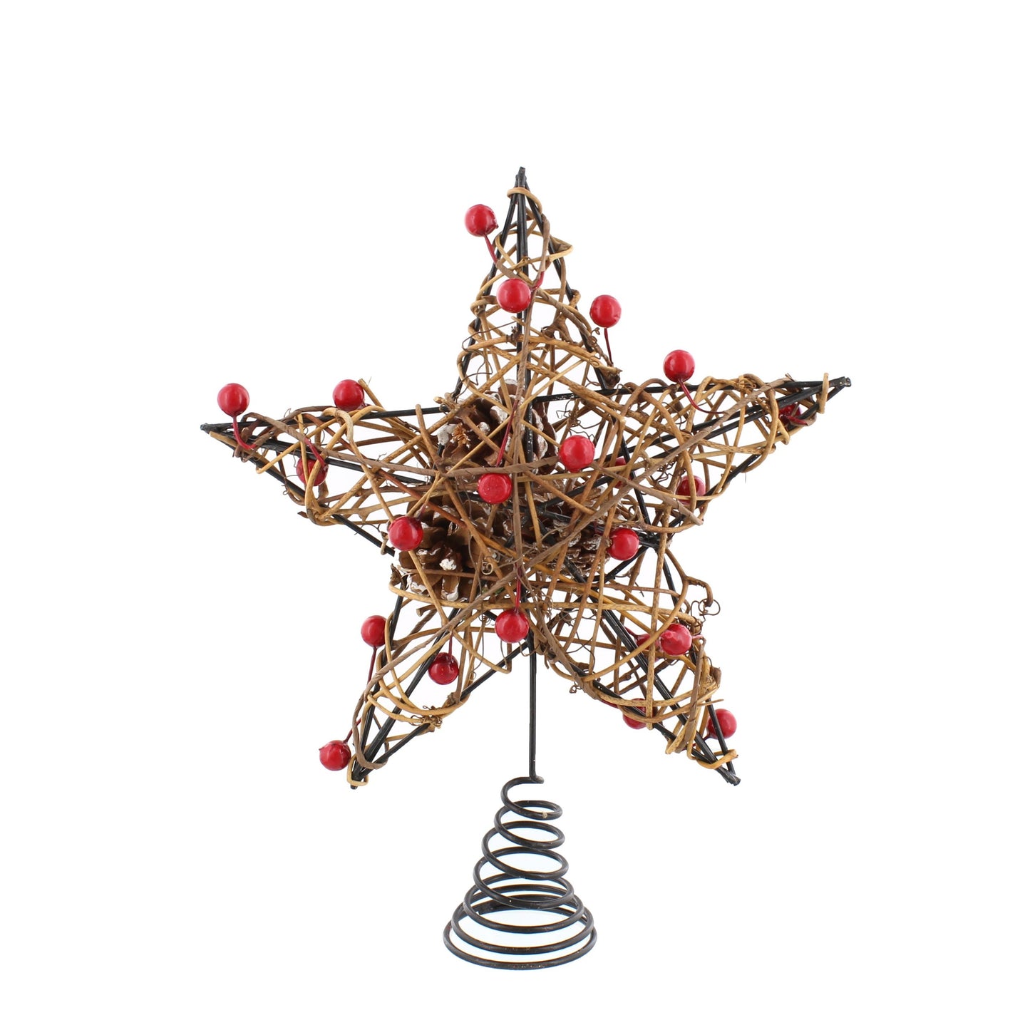 A 24cm wicker star tree topper with metal star and red berries as decoration.