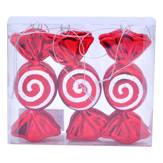 Set of 6 red and white striped candy-like ornaments packaged in a clear plastic box.