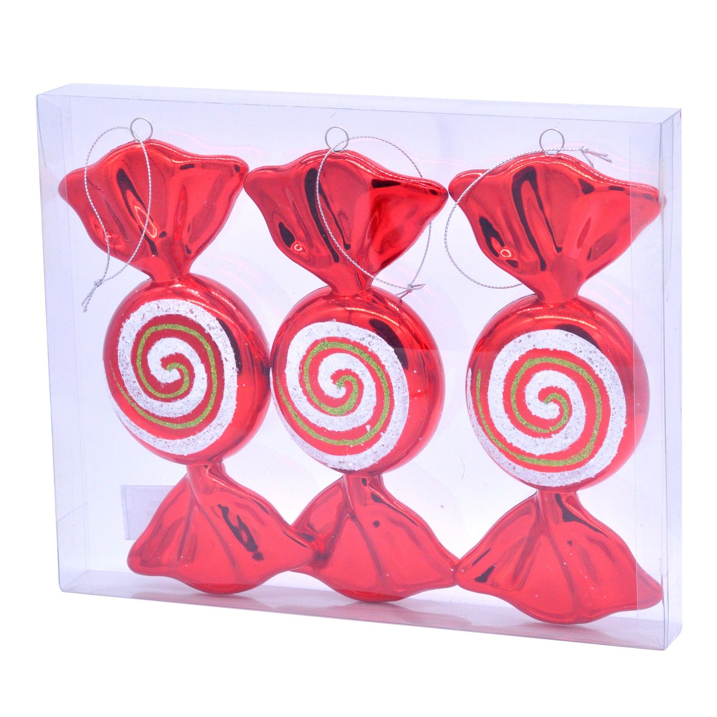 Pack of three red and white striped candy cane shaped baubles with green accents, displayed in a clear plastic box.