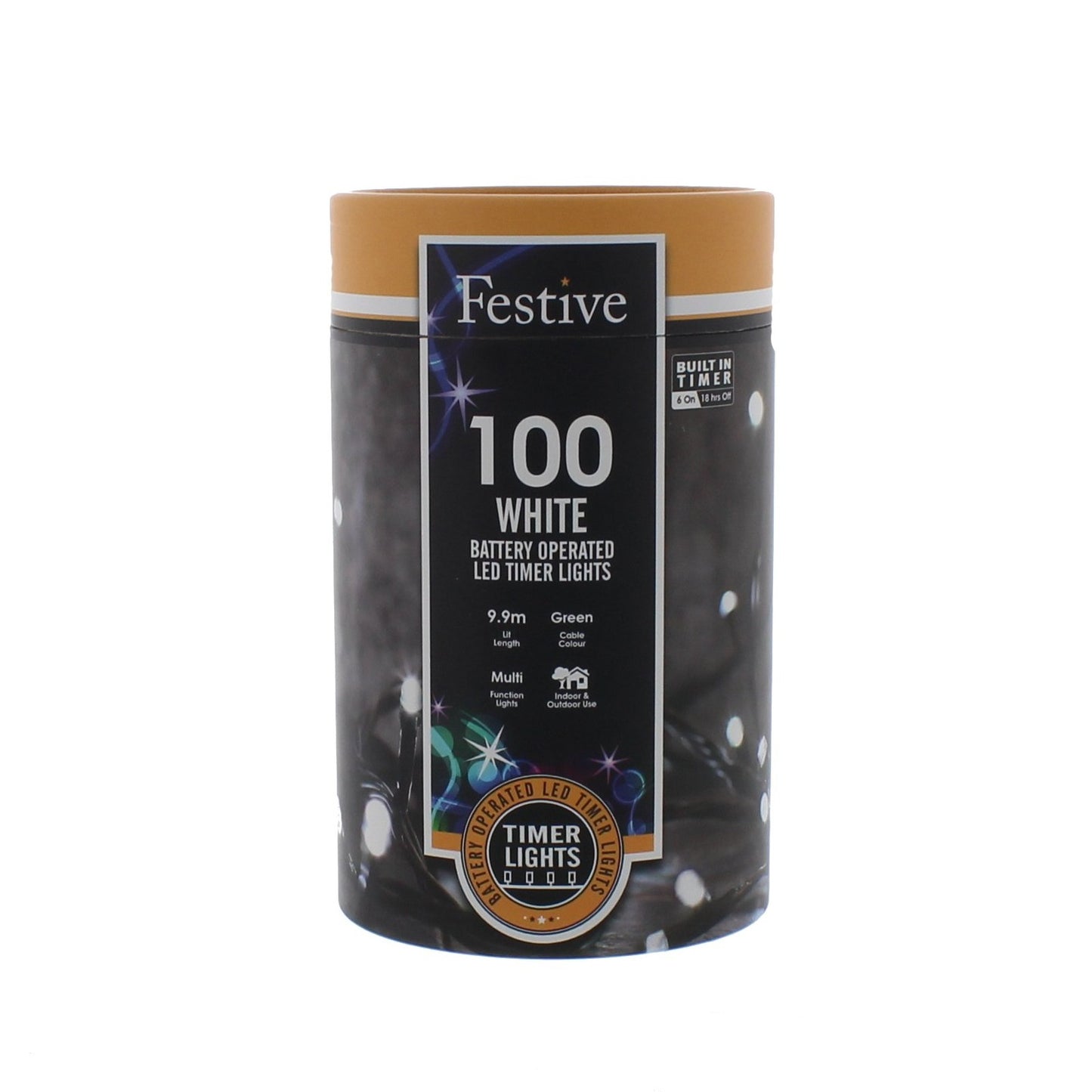 A cylindrical storage box for Festive 100 White Battery Operated String Lights with a timer function. The box is predominantly white with product information and branding.