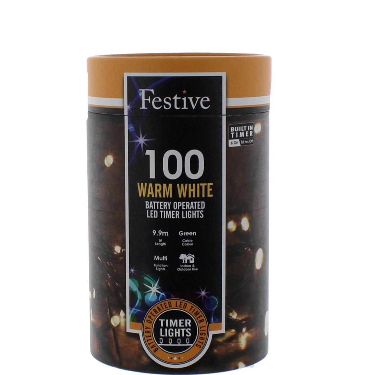 A storage box for Festive 100 Warm White LED Christmas string lights, featuring a label with product details and branding.