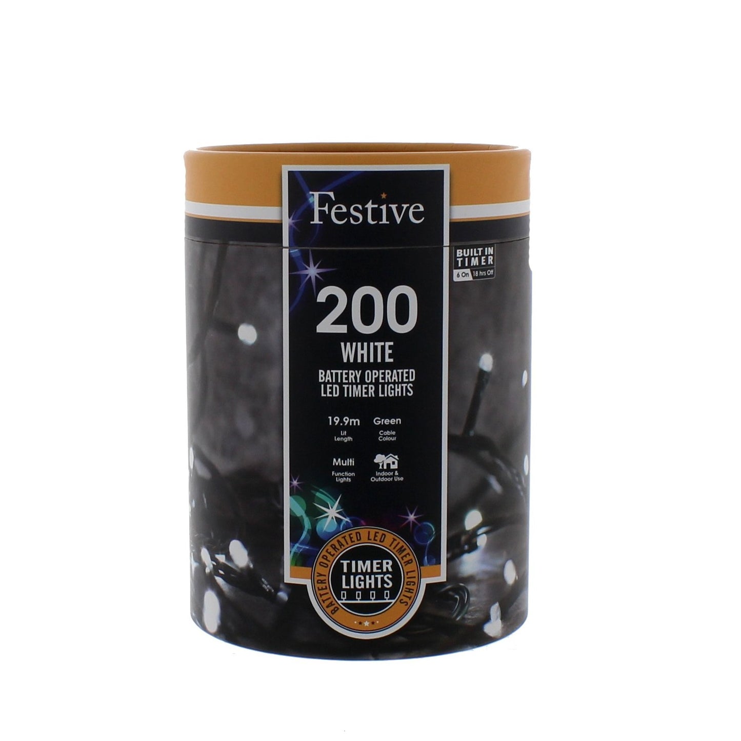 A storage box for Festive 200 White Battery Operated String Lights with a Christmas-themed design on the label.