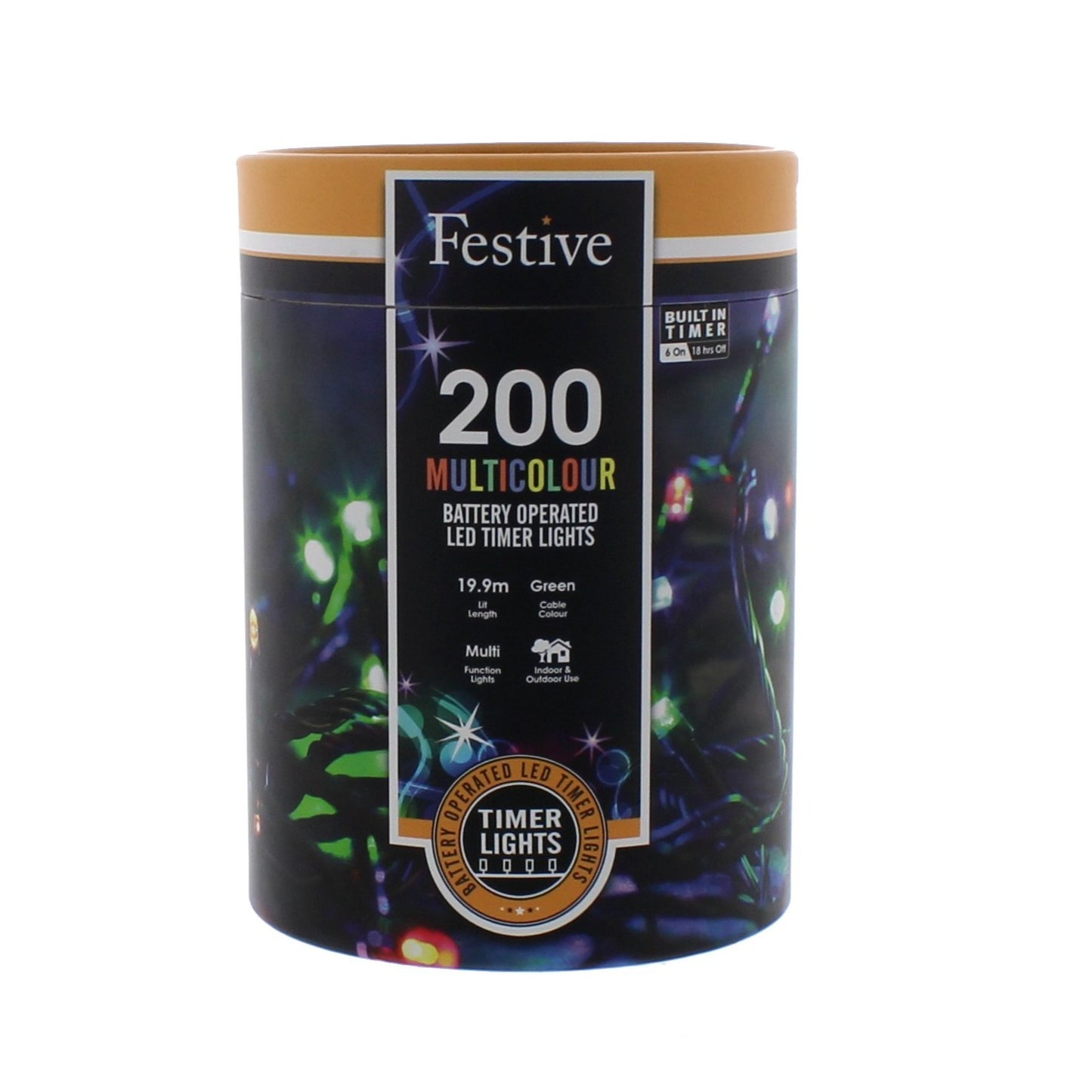 A cylindrical container with a label displaying 'Festive 200 Multi Colour Battery Operated String Lights' with images of colorful Christmas lights on the cover.