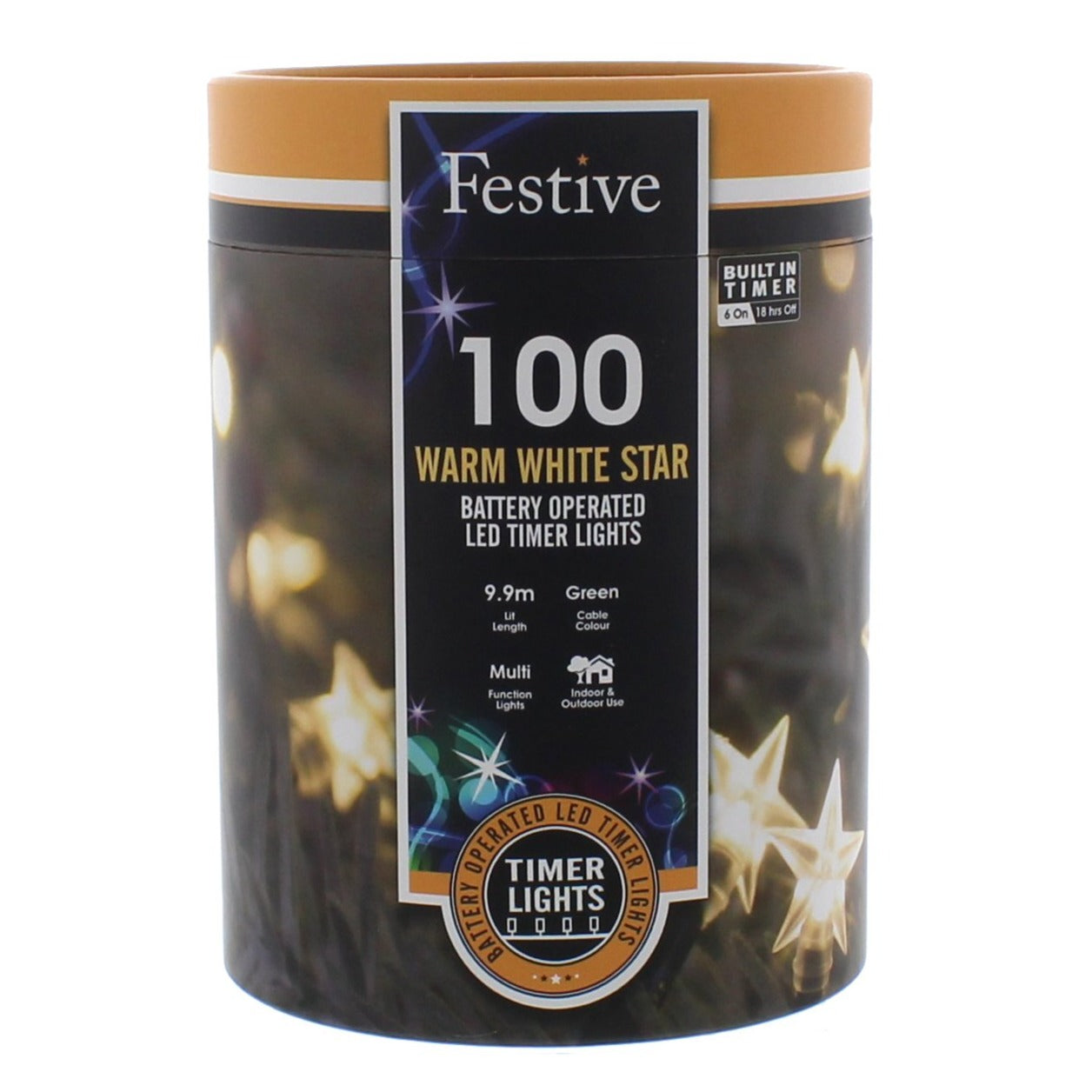 Festive 100 Warm White Star Battery Operated Christmas String Lights