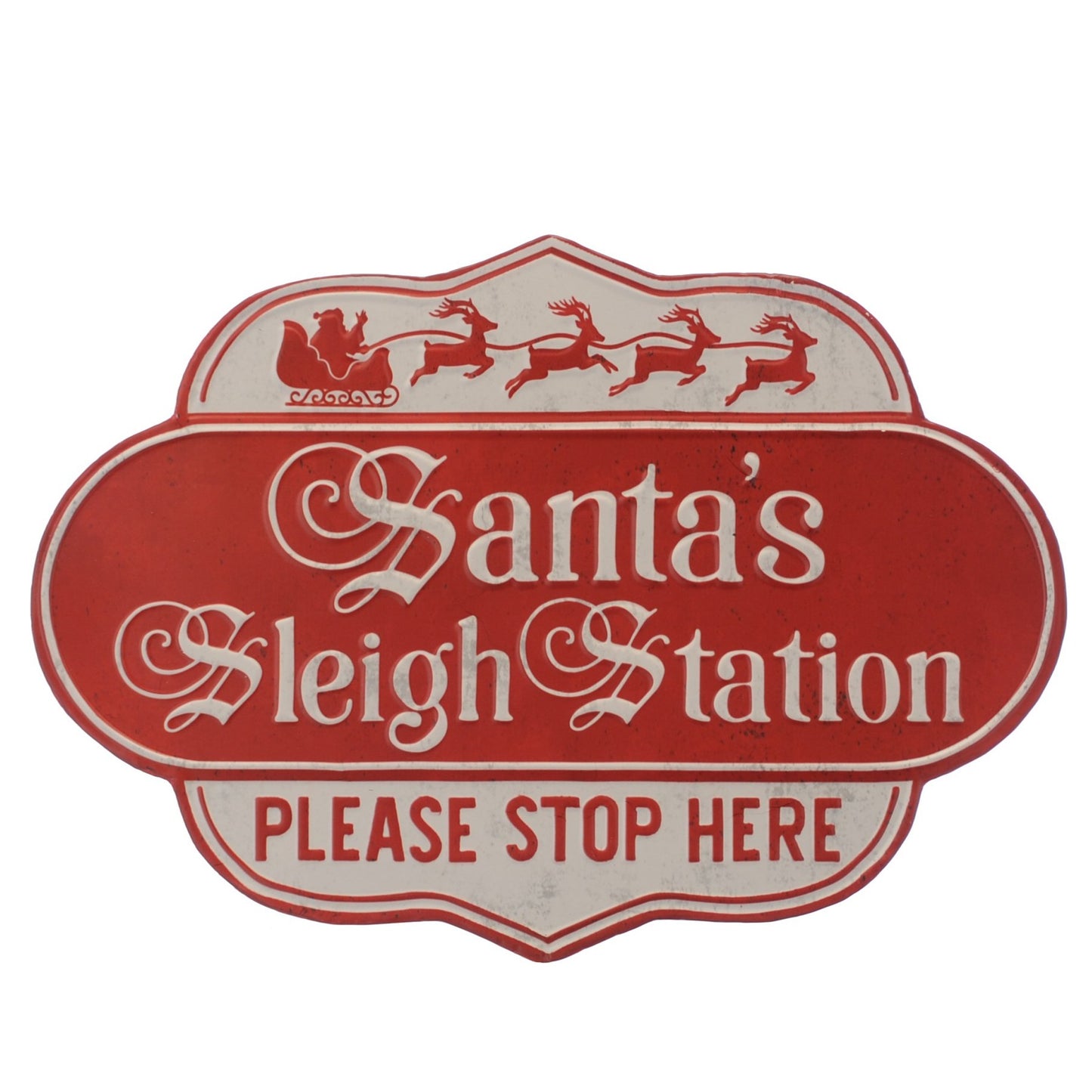 Vintage style metal Christmas sign with 'Santa's Sleigh Station' text and reindeer illustrations, featuring a red and white color scheme.