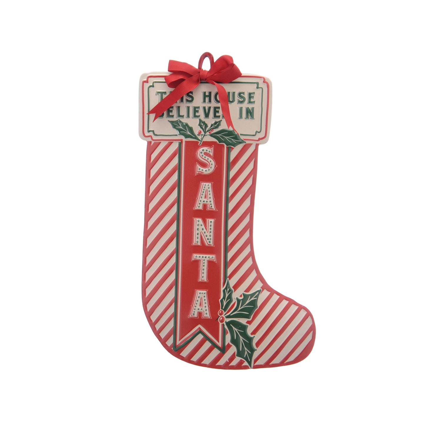 Vintage Style Red and White Stocking Shape Christmas Sign 39cm