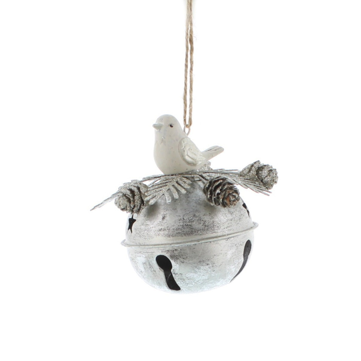 Silver Bell Christmas Tree Decoration with White Bird and Foliage