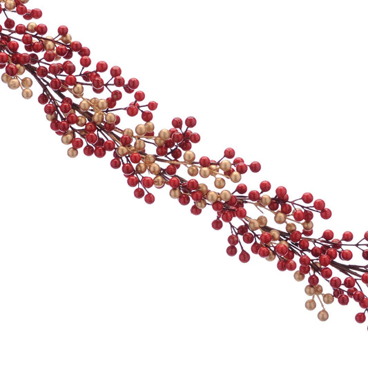 A garland of red and gold berries spread along a stem, isolated on a white background.