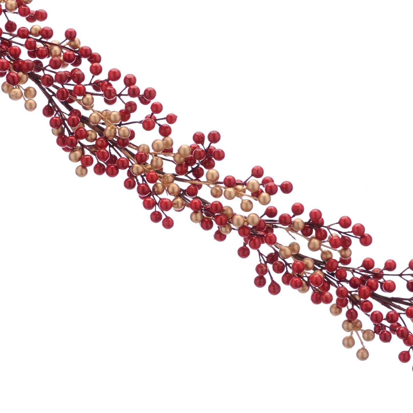 A garland of red and gold berries spread along a stem, isolated on a white background.