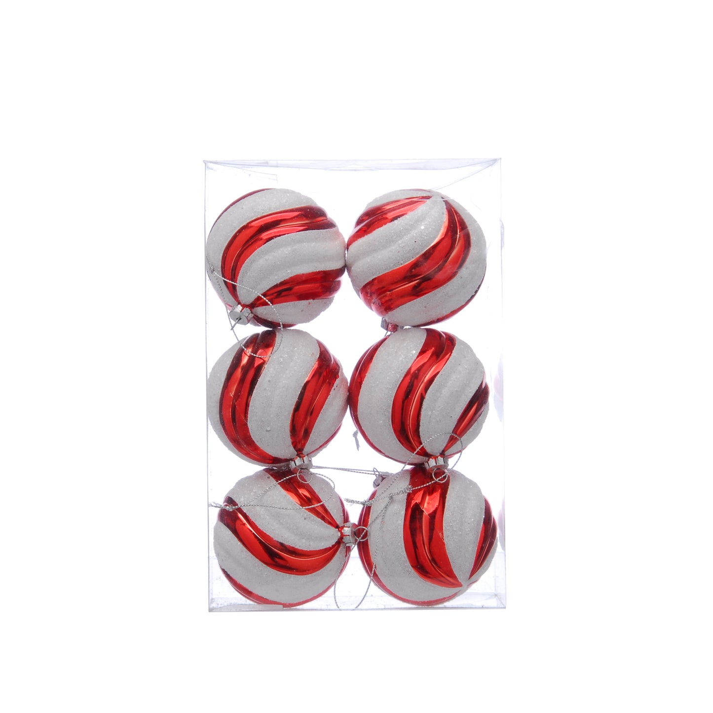Set of 6 red and white striped candy cane Christmas baubles with silver hanging strings, packaged in a clear box.