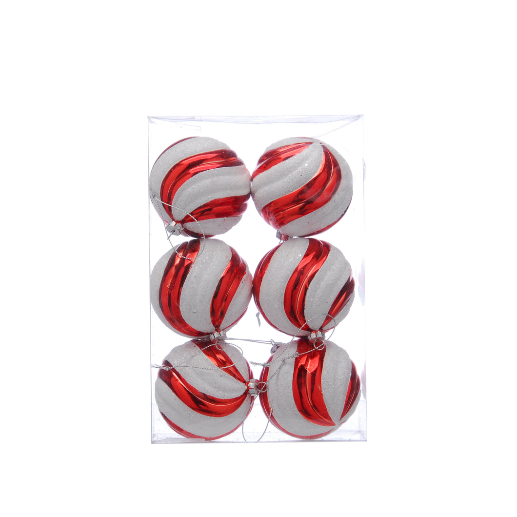 Set of 6 Red and White Striped Baubles 8cm