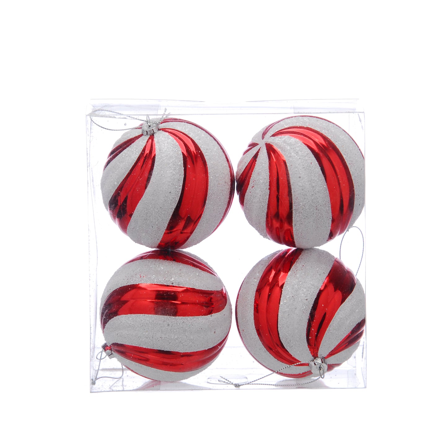 Set of 4 red and white striped Christmas baubles with silver hanging strings, displayed in a clear packaging.
