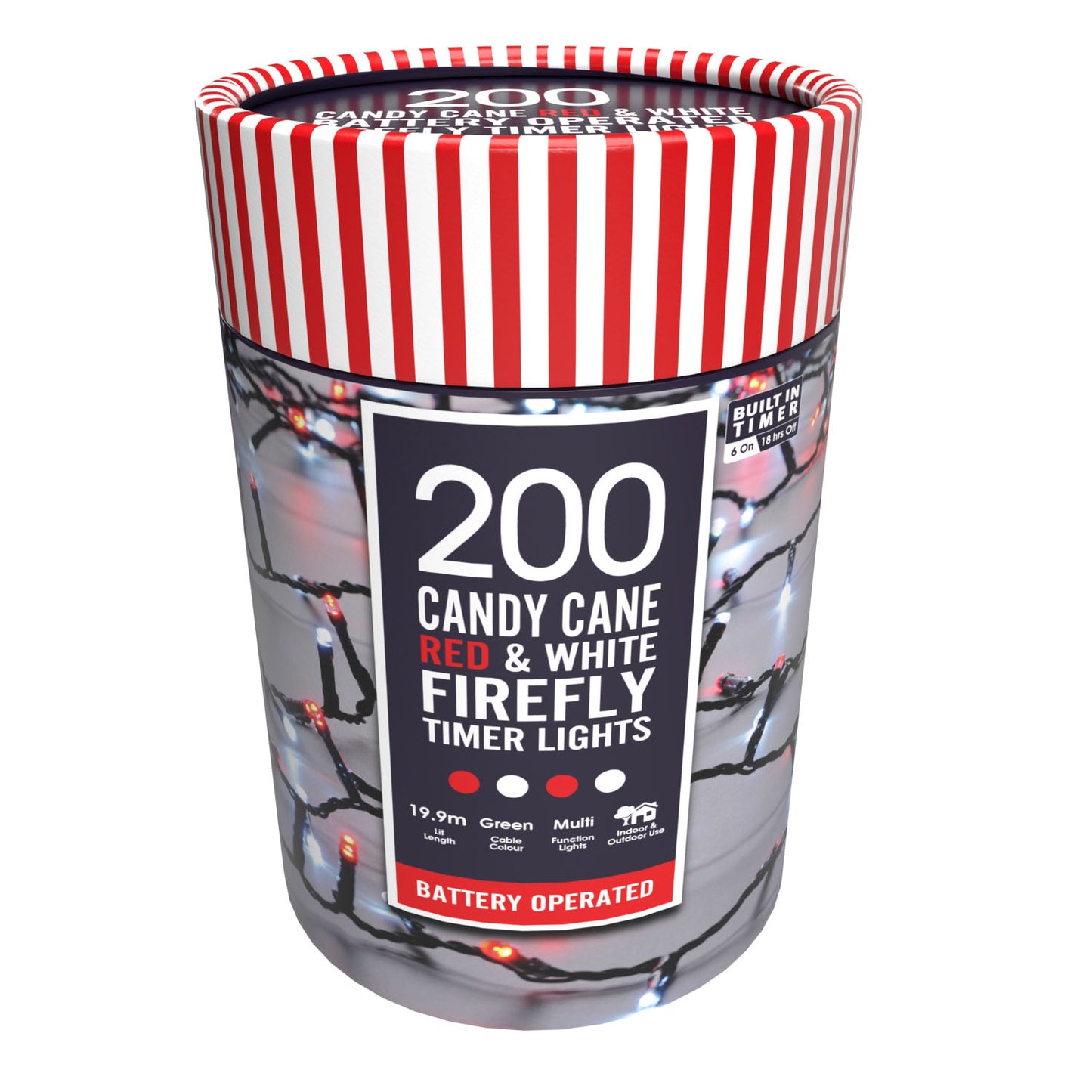 A cylindrical container with red and white striped lid, labeled '200 Candy Cane Firefly Lights' with images of battery-operated white and red firefly lights on the cover.