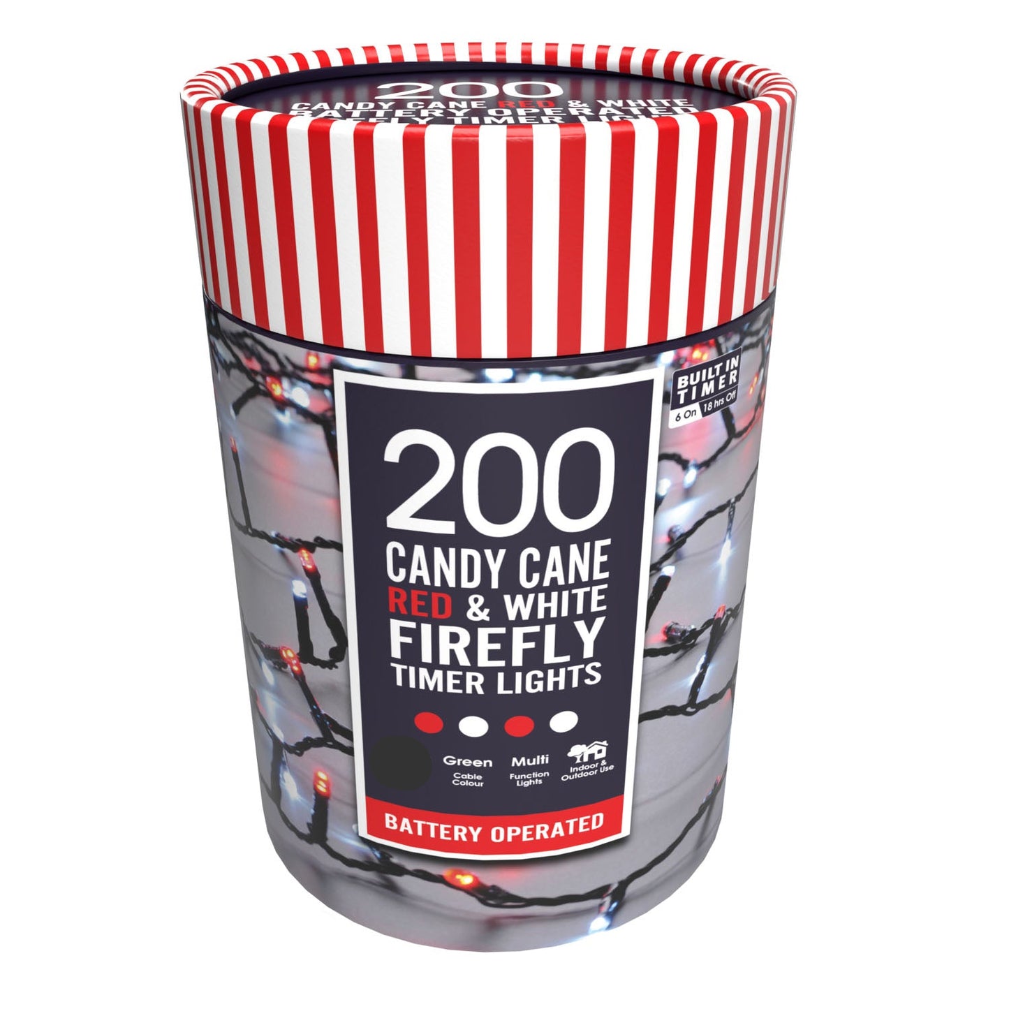 A cylindrical container with red and white striped lid, labeled '200 Candy Cane Firefly Lights' with images of battery-operated white and red firefly lights on the cover.