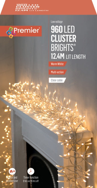 Premier 960 LED Cluster Brights Christmas Lights Warm White Clear Cable