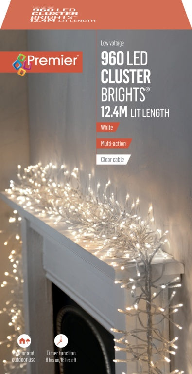 Premier 960 LED Cluster Brights Christmas Lights White Clear Cable